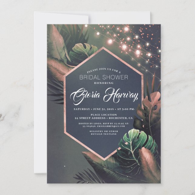 Beach Tropical Rose Gold Palms Bridal Shower Invitation (Front)