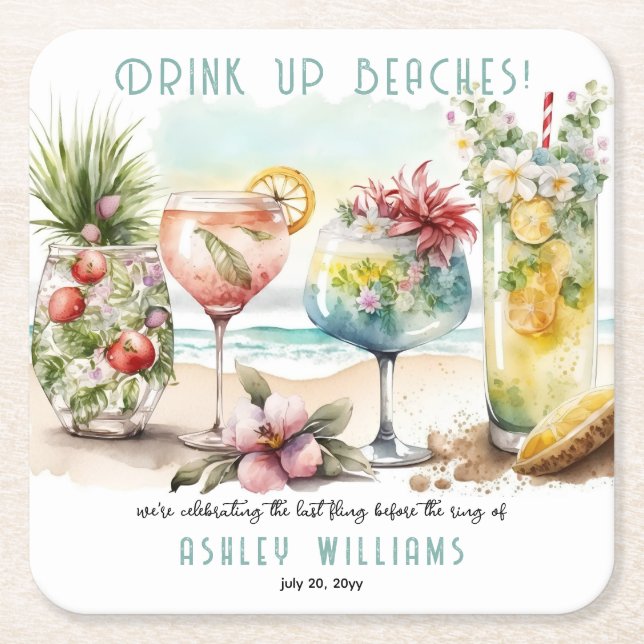 Beach Tropical Themed Cocktails Bachelorette Party Square Paper Coaster (Front)