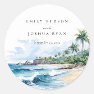 Beach Tropical Watercolor Wedding Classic Round Sticker