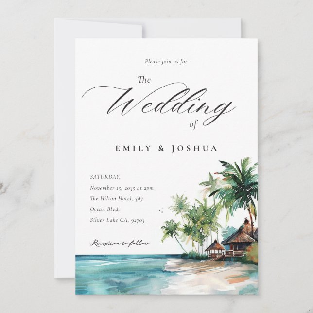 Beach Tropical Watercolor Wedding Invitation (Front)