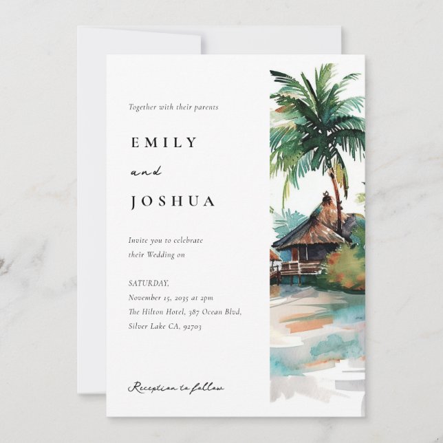 Beach Tropical Watercolor Wedding Invitation (Front)