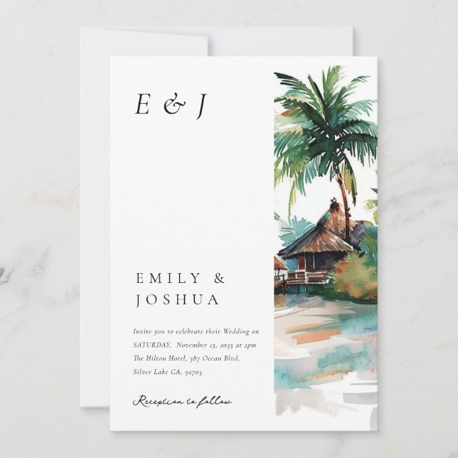 Beach Tropical Watercolor Wedding Invitation (Front)