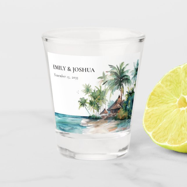 Beach Tropical Watercolor Wedding Shot Glass (Front)