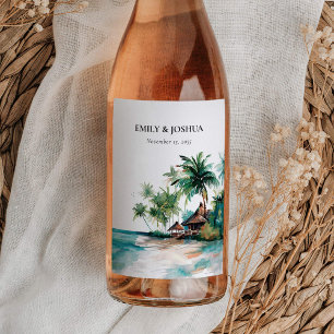 Beach Tropical Watercolor Wedding Wine Label