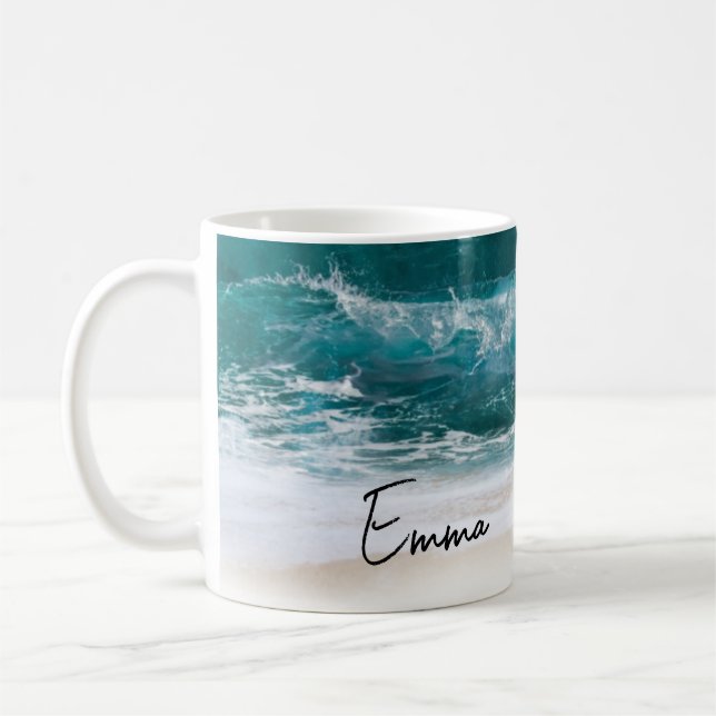 Beach Tropical Waves Sand Modern Name Coffee Mug (Left)