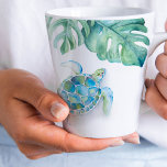 Beach Turquoise Blue Sea Turtle Watercolor Latte Mug<br><div class="desc">Add tropical island style to your home with my witty beach theme mug featuring my original hand painted watercolor sea turtle and monstera palm leaves in shades of blue, green and white. The words Seas The Moment are set in hand lettered script typography. Personalise the words to Seas The Day...</div>