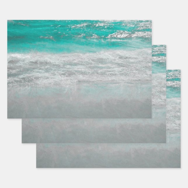 Beach Turquoise Coastal Ocean Waves Tropical Art Wrapping Paper Sheet (Set)