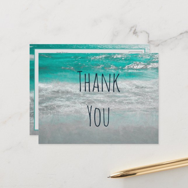 Beach Turquoise White Coastal Ocean Wave Thank You Postcard (Front/Back In Situ)