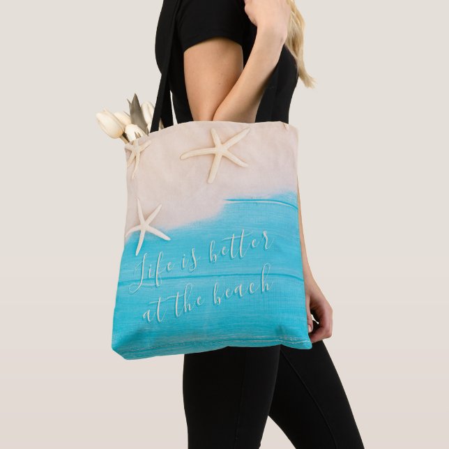 Beach Turquoise Wood and starfish Tote Bag (Close Up)