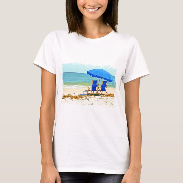 Beach, Umbrella and Chairs at the Shore T-Shirt (Front)