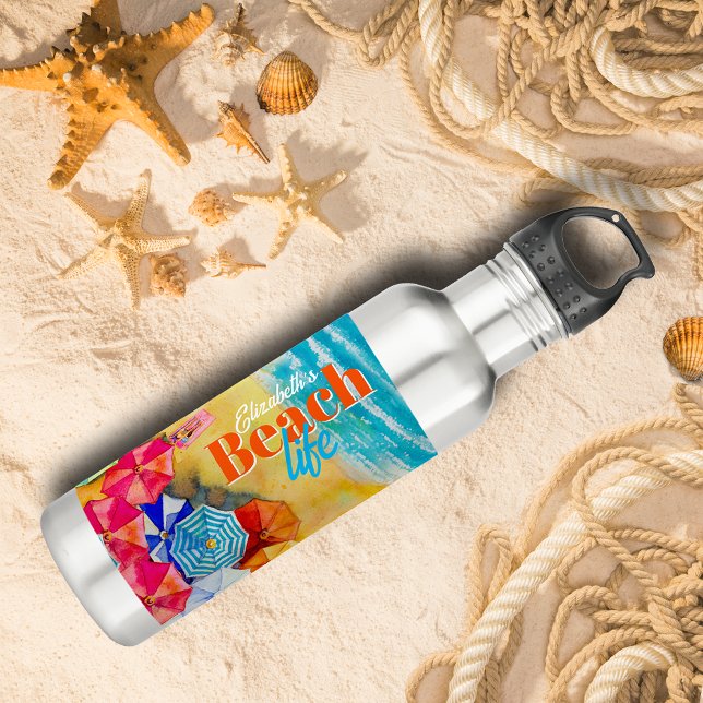 Beach Umbrellas In the Sand 710 Ml Water Bottle (Beach Umbrellas In the Sand Stainless Steel Water Bottle personalized with your name.)