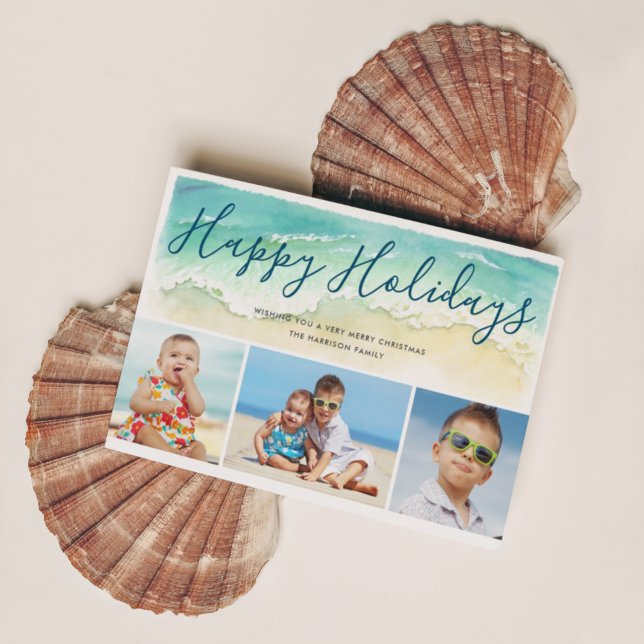Beach Vacation Happy Holidays Coastal 3-Photos Holiday Card (Creator Uploaded)
