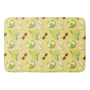 Beach vacay pattern with sunglasses and sun hat bath mat