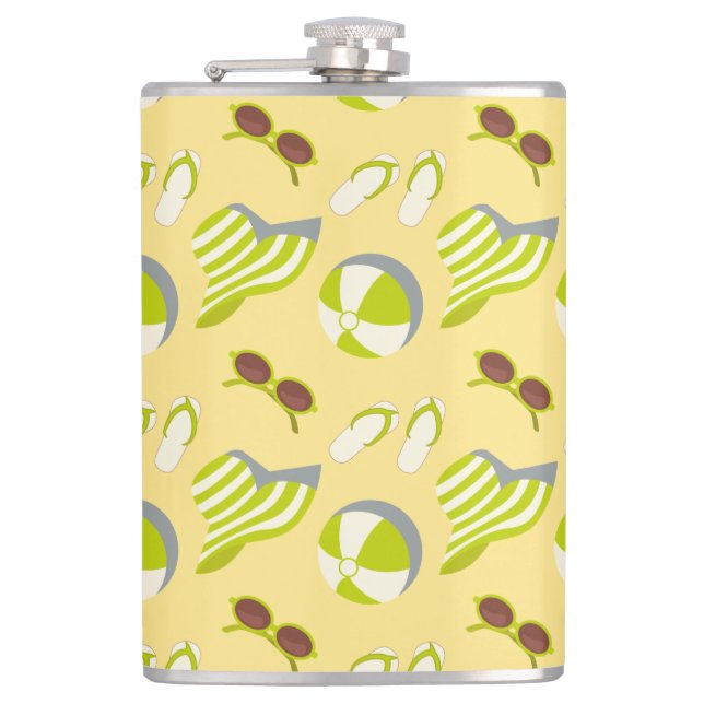 Beach vacay pattern with sunglasses and sun hat  hip flask (Front)