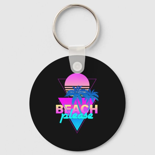 Beach vaporwave retro palm tree &amp; sunset key ring (Front)