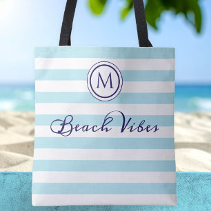 Beach Vibes Blue White Stripe Coastal Monogram Tote Bag