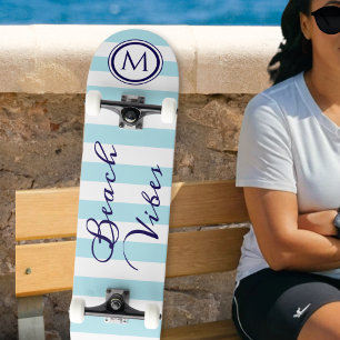 Beach Vibes Blue White Striped Cool Monogram Skateboard