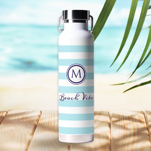 Beach Vibes Blue White Striped Nautical Monogram Water Bottle
