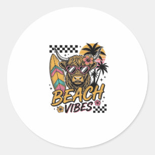 Beach Vibes Highland Cow Summer Vector Art_1 Classic Round Sticker