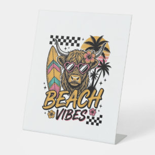 Beach Vibes Highland Cow Summer Vector Art_1 Pedestal Sign