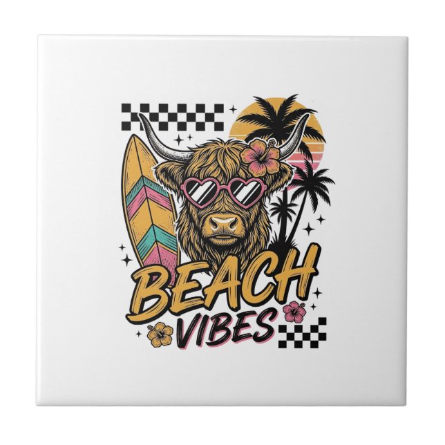Beach Vibes Highland Cow Summer Vector Art_1 Tile (Front)