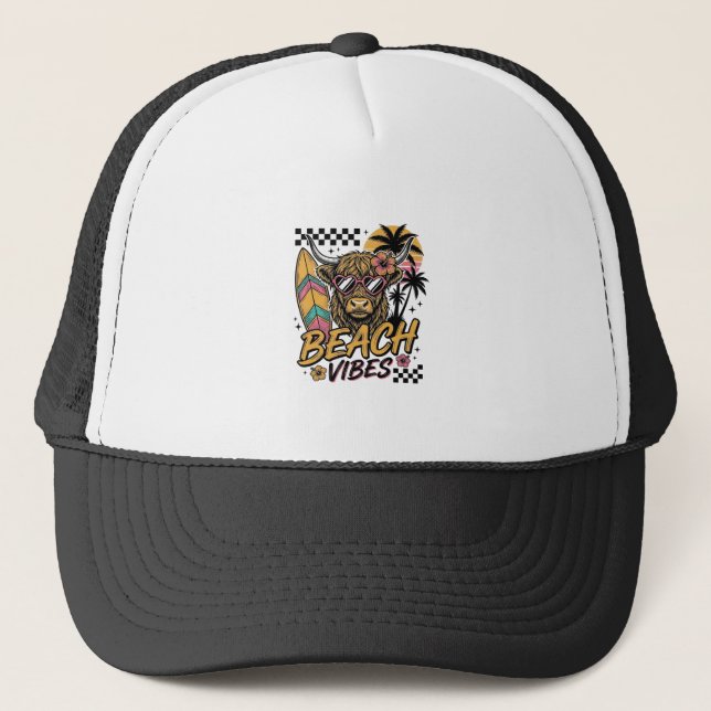 Beach Vibes Highland Cow Summer Vector Art_1 Trucker Hat (Front)