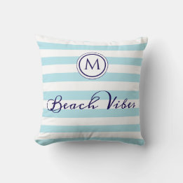 Beach Vibes Monogram Striped Light Blue White Cushion
