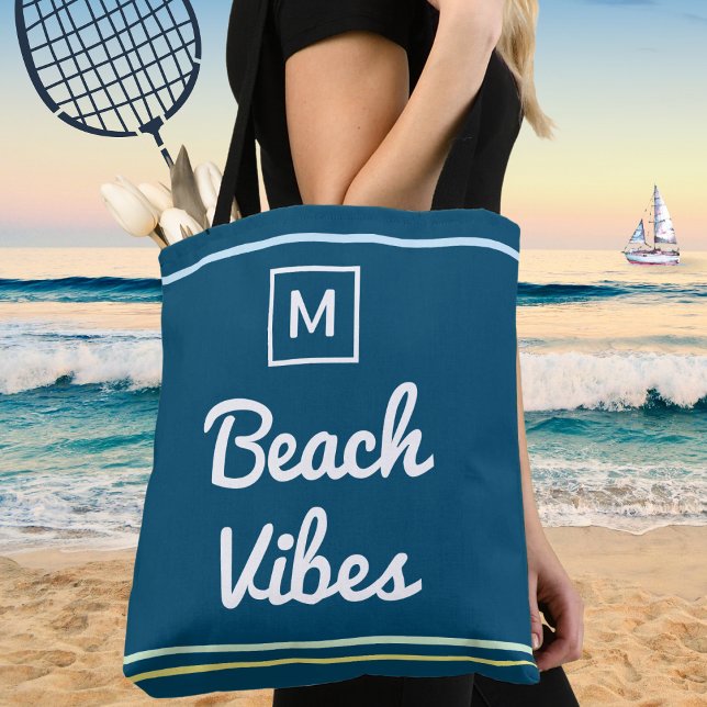 Beach Vibes Navy Blue Ocean Summer Chic Monogram Tote Bag (A nautical tote bag in blue with monogram and stripes, and 'Beach Vibes' in script typography)