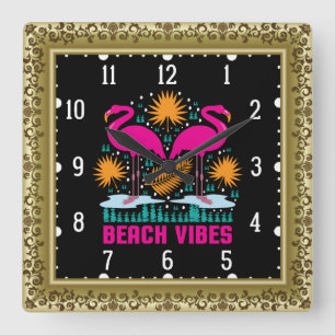 Beach Vibes Pink Flamingos-19501 Square Wall Clock