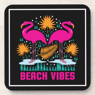 Beach Vibes Pink Flamingos Design Coaster
