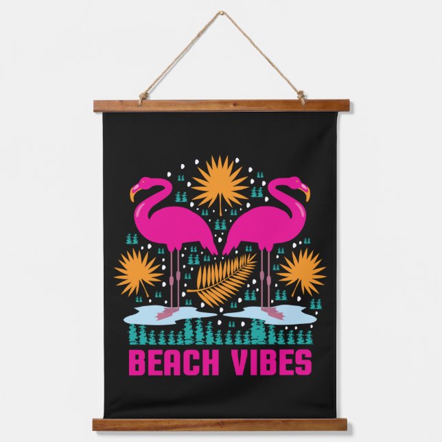 Beach Vibes Pink Flamingos Design Hanging Tapestry (Front)