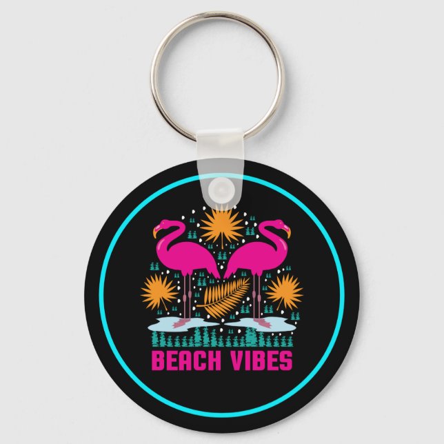 Beach Vibes Pink Flamingos Design Key Ring (Front)