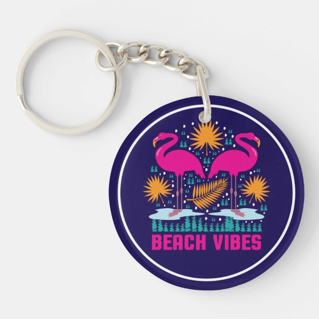 Beach Vibes Pink Flamingos Design Key Ring (Front)