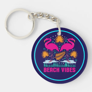 Beach Vibes Pink Flamingos Design Key Ring