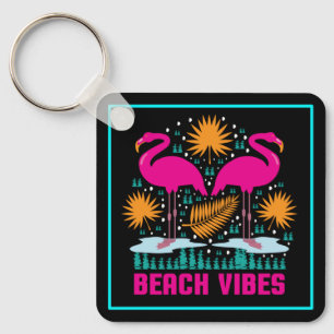 Beach Vibes Pink Flamingos Design Key Ring