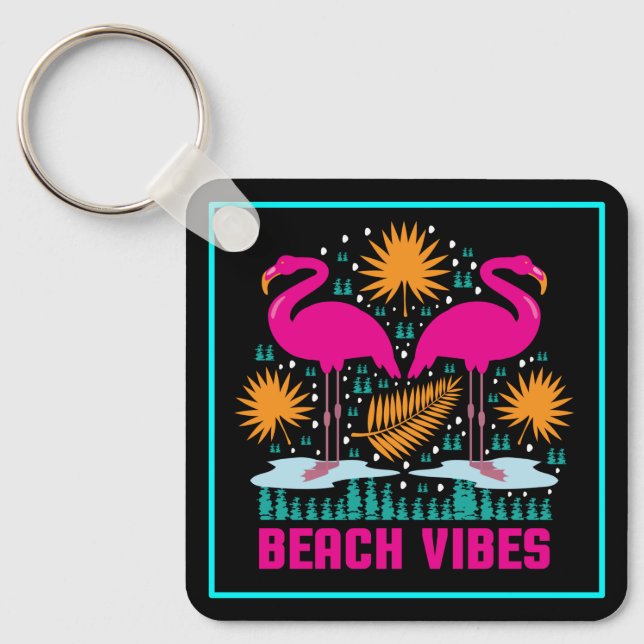 Beach Vibes Pink Flamingos Design Key Ring (Front)