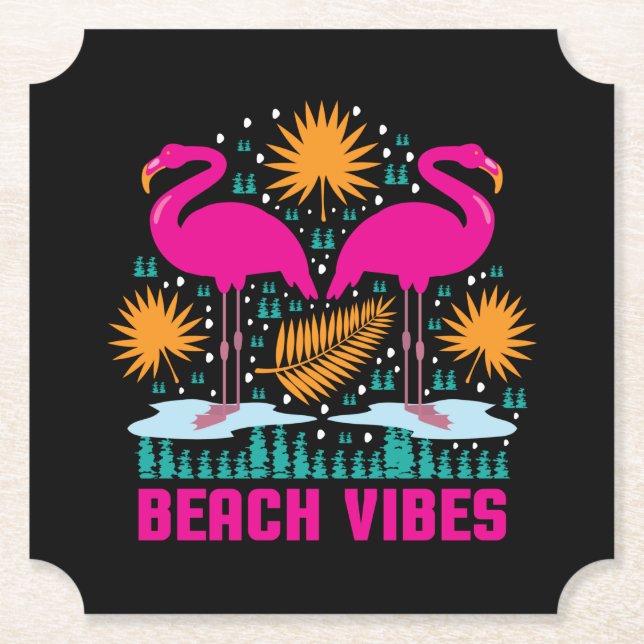 Beach Vibes Pink Flamingos Design Paper Coaster (Front)