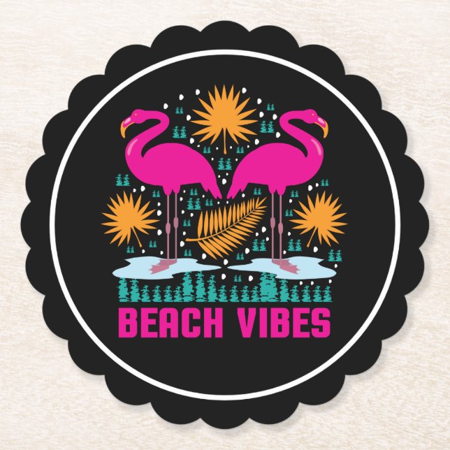 Beach Vibes Pink Flamingos Design Paper Coaster (Front)
