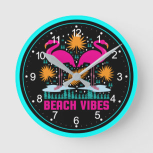 Beach Vibes Pink Flamingos Design Round Clock