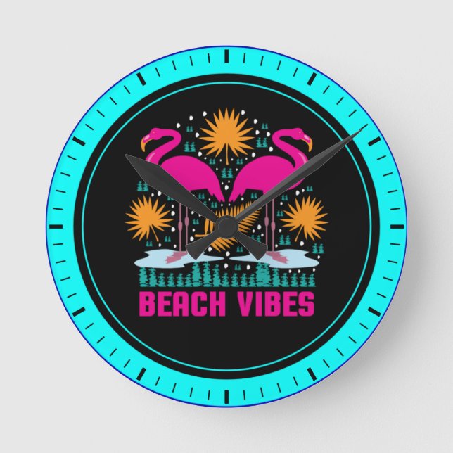 Beach Vibes Pink Flamingos Design Round Clock (Front)