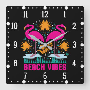 Beach Vibes Pink Flamingos Design Square Wall Clock