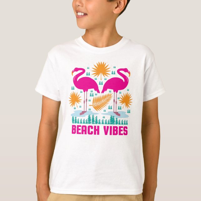 Beach Vibes Pink Flamingos Design T-Shirt (Front)