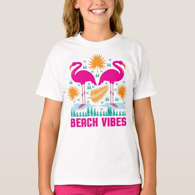 Beach Vibes Pink Flamingos Design T-Shirt (Front)