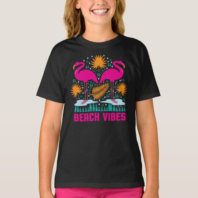 Beach Vibes Pink Flamingos Design T-Shirt (Front)