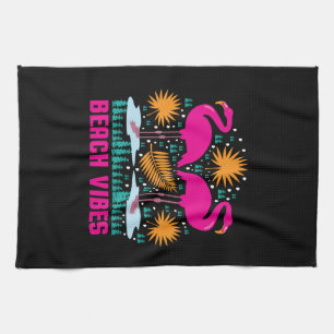 Beach Vibes Pink Flamingos Design Tea Towel