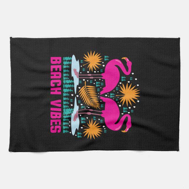 Beach Vibes Pink Flamingos Design Tea Towel (Horizontal)
