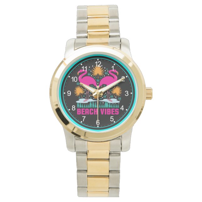 Beach Vibes Pink Flamingos Design Watch (Front)