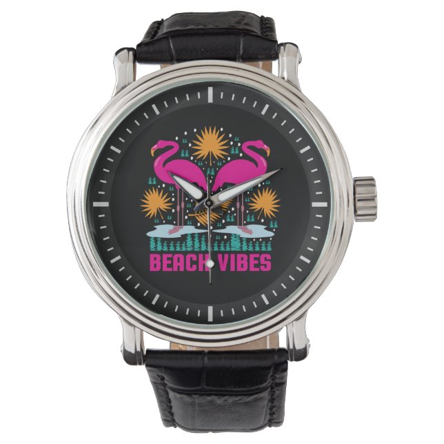Beach Vibes Pink Flamingos Design Watch (Front)