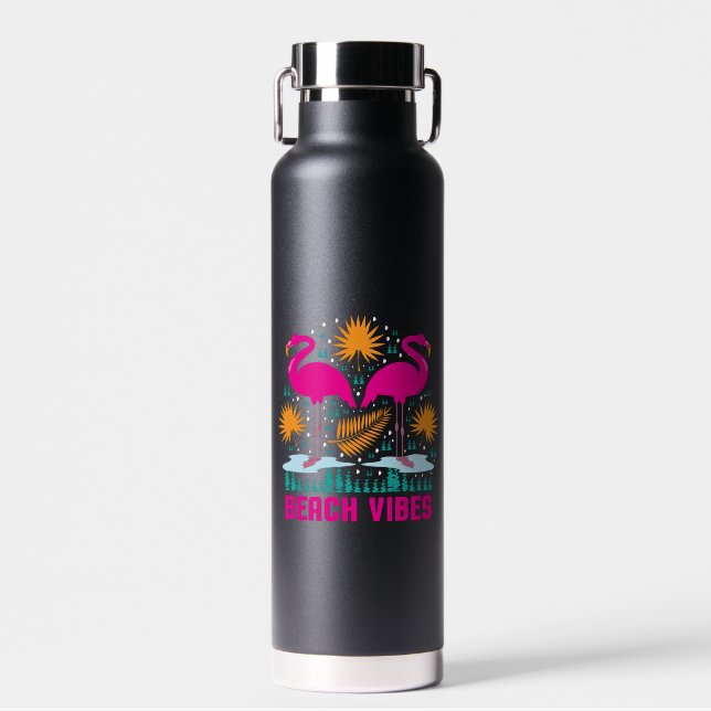 Beach Vibes Pink Flamingos Design Water Bottle (Front)