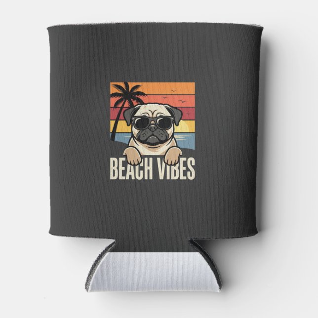 Beach Vibes Pug Dog Sunset Can Cooler (Front)